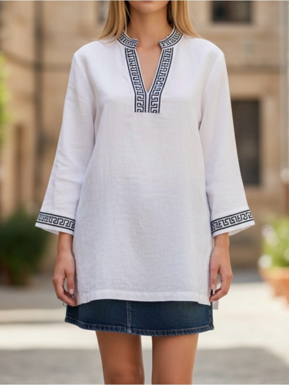 Kenar Linen Tunic Womens White & Navy Embroidered Greek Key 3/4 Sleeve Top Sz L